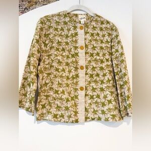Vintage Vera Neumann 1960s Linen Tan Green Stars Print button up cardigan 10